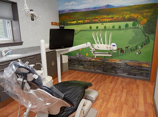 Dental treatment room with nature mural on wall