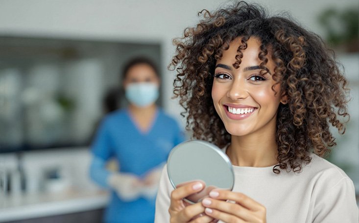 Woman smiling while holding small mirror